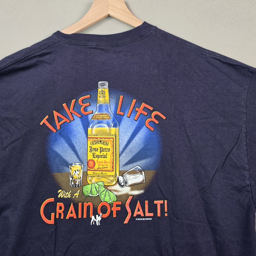 Vintage 2003 Big Dogs Take Life Grain of Salt Tequila Tee 2XL Navy Y2K Funny T